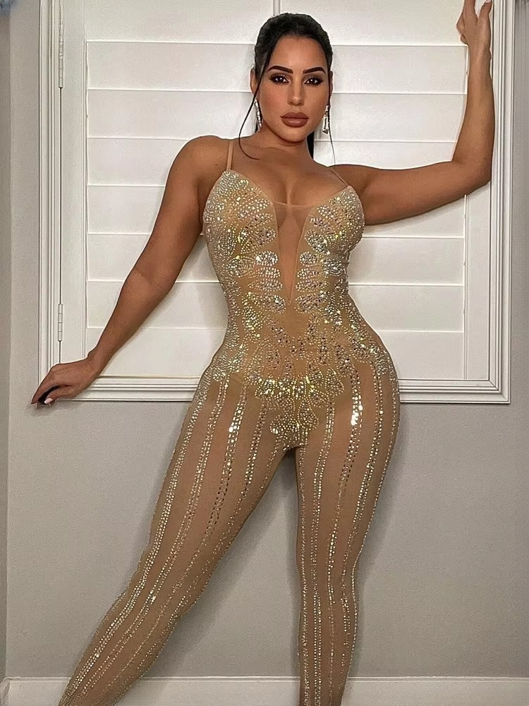 Rhinestone Spaghetti Straps Glam Sleeveless Sheer Mesh Crystal Romper Clubwear Jumpsuits Mssza