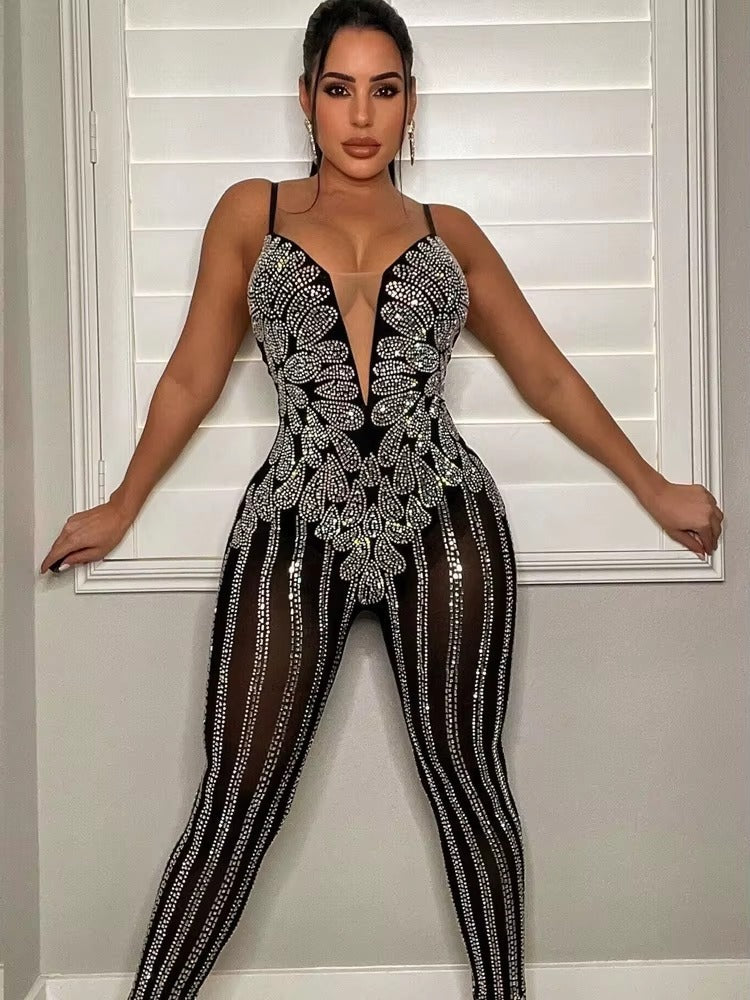 Rhinestone Spaghetti Straps Glam Sleeveless Sheer Mesh Crystal Romper Clubwear Jumpsuits Mssza