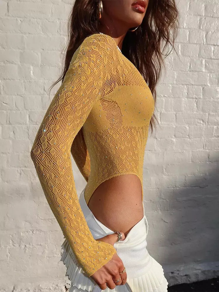 Rhinestones Long Sleeves Sheer See-Through Bodysuit Mssza
