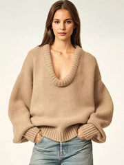 Rib-knit Neck Dropped Shoulder Long Sleeve Spring Over sized Sweater Tops Mssza
