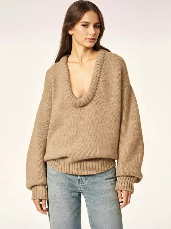 Rib-knit Neck Dropped Shoulder Long Sleeve Spring Over sized Sweater Tops Mssza