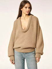Rib-knit Neck Dropped Shoulder Long Sleeve Spring Over sized Sweater Tops Mssza