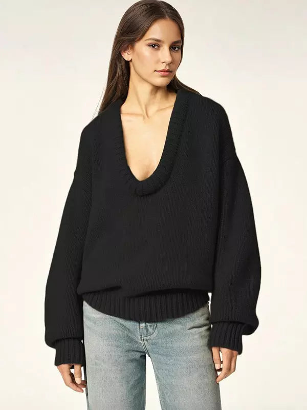 Rib-knit Neck Dropped Shoulder Long Sleeve Spring Over sized Sweater Tops Mssza