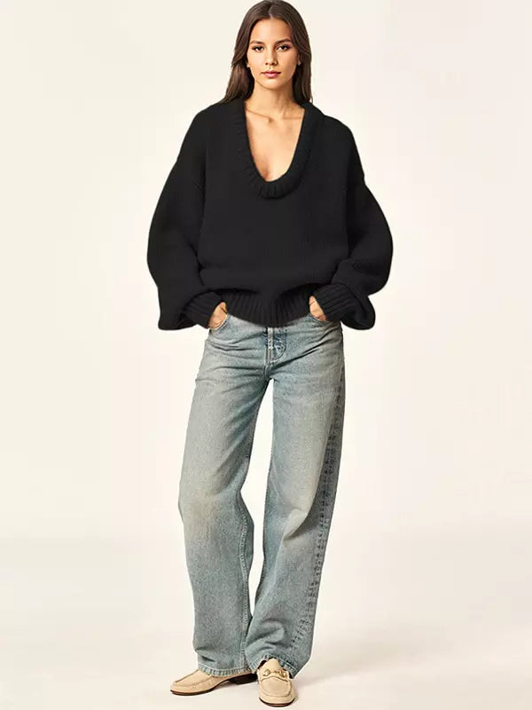 Rib-knit Neck Dropped Shoulder Long Sleeve Spring Over sized Sweater Tops Mssza