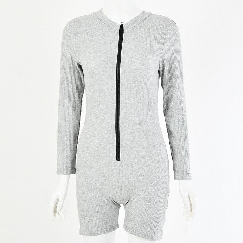 Ribbed Knit Long Sleeve Zipper Bodycon Romper Mssza
