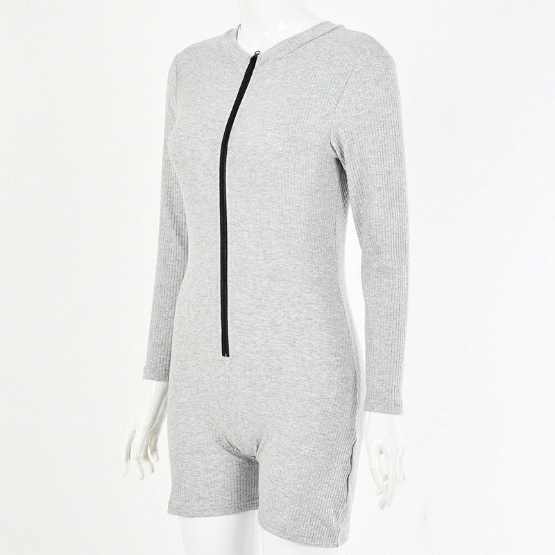 Ribbed Knit Long Sleeve Zipper Bodycon Romper Mssza