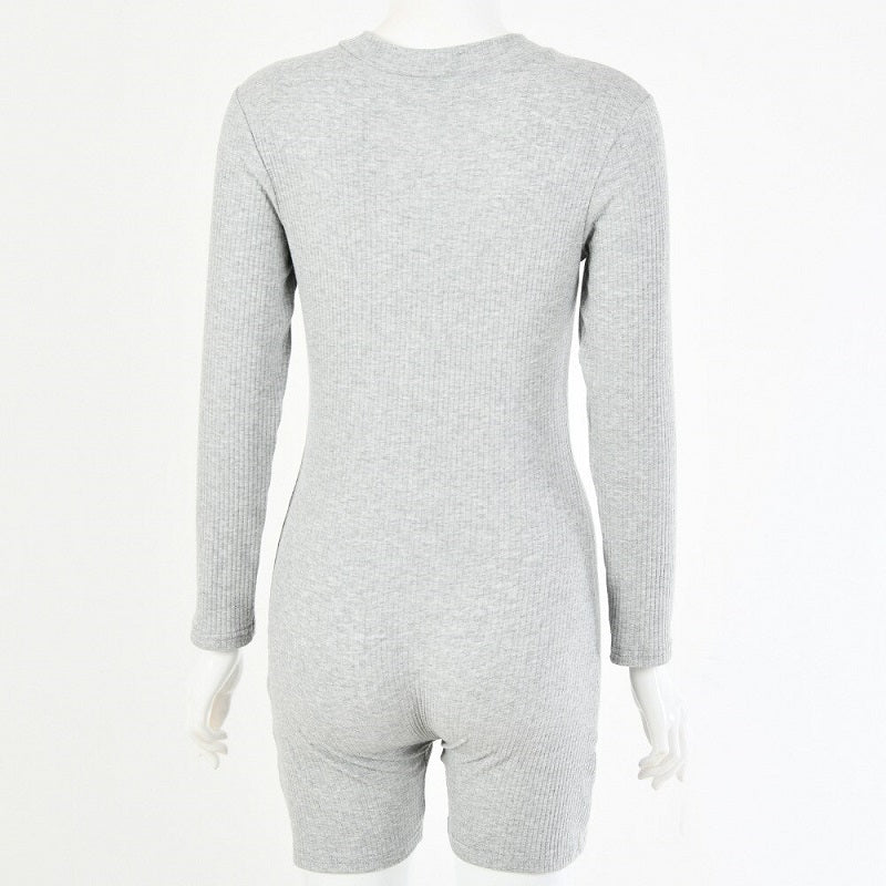 Ribbed Knit Long Sleeve Zipper Bodycon Romper Mssza
