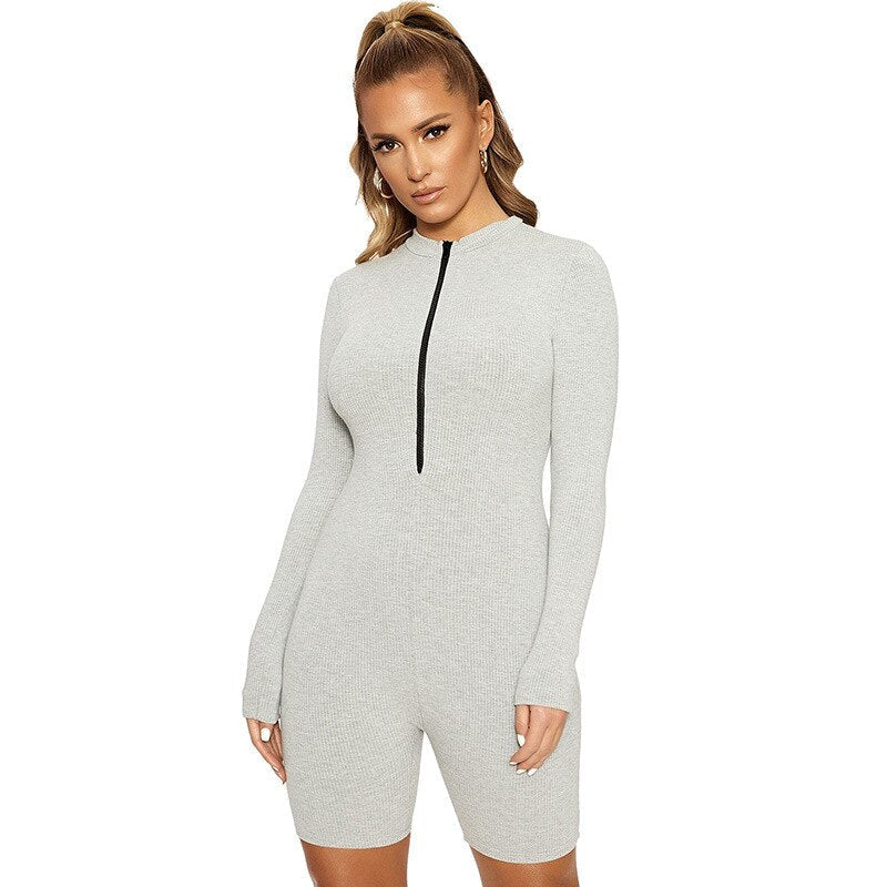 Ribbed Knit Long Sleeve Zipper Bodycon Romper Mssza