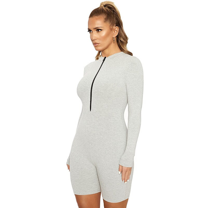 Ribbed Knit Long Sleeve Zipper Bodycon Romper Mssza
