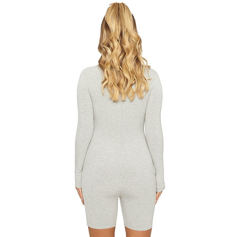 Ribbed Knit Long Sleeve Zipper Bodycon Romper Mssza
