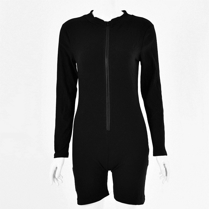 Ribbed Knit Long Sleeve Zipper Bodycon Romper Mssza
