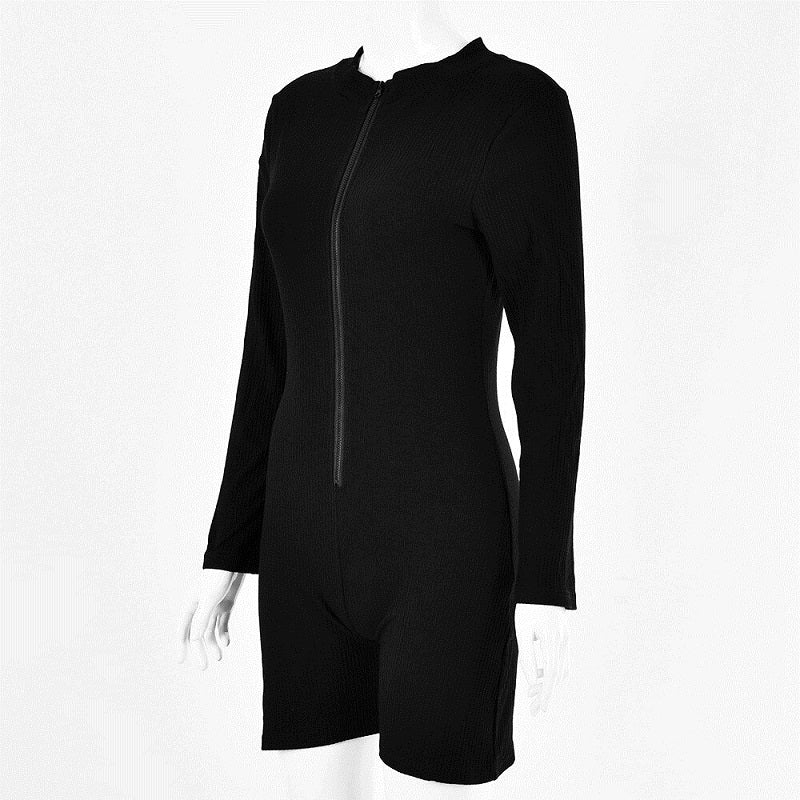 Ribbed Knit Long Sleeve Zipper Bodycon Romper Mssza