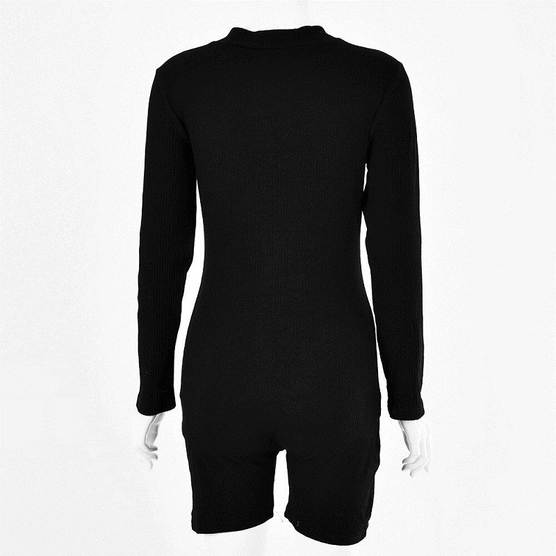 Ribbed Knit Long Sleeve Zipper Bodycon Romper Mssza