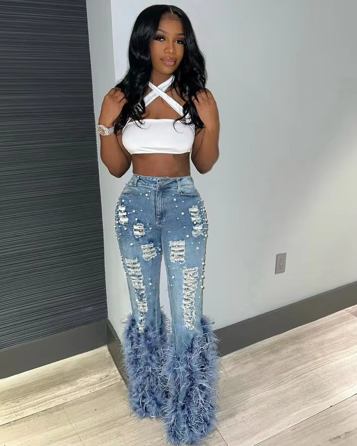 Ripped Out Beading Feather Decoration Stretch Denim High Waist Pants Mssza