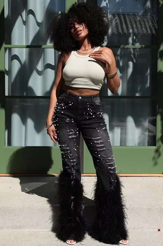 Ripped Out Beading Feather Decoration Stretch Denim High Waist Pants Mssza