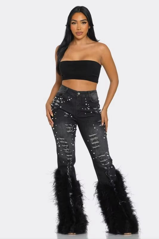 Ripped Out Beading Feather Decoration Stretch Denim High Waist Pants Mssza