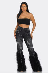 Ripped Out Beading Feather Decoration Stretch Denim High Waist Pants Mssza