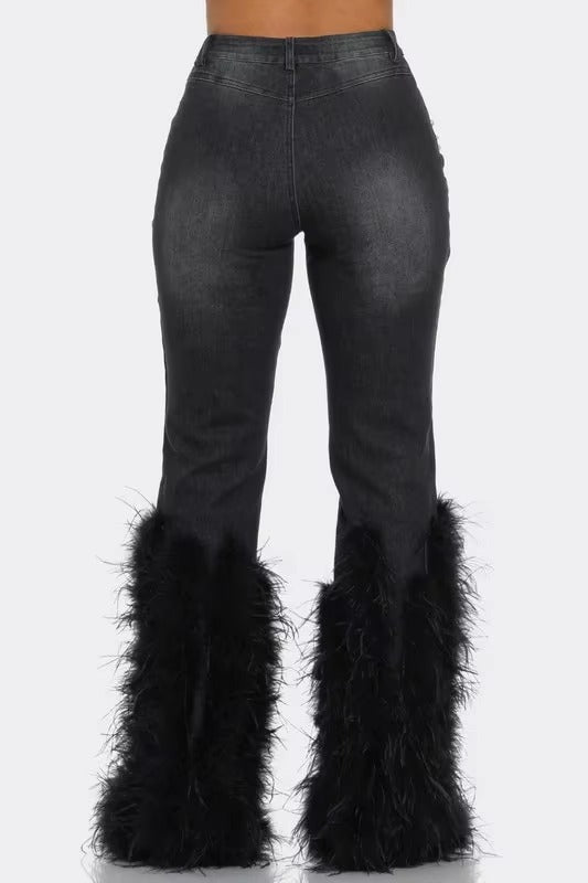 Ripped Out Beading Feather Decoration Stretch Denim High Waist Pants Mssza