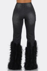 Ripped Out Beading Feather Decoration Stretch Denim High Waist Pants Mssza