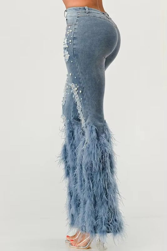 Ripped Out Beading Feather Decoration Stretch Denim High Waist Pants Mssza