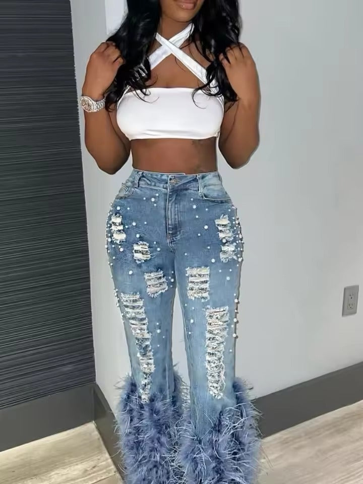 Casual Ripped Out Beading Hollow Out Wide Leg Flare Feather Denim Pants Mssza