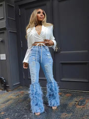 Casual Ripped Out Beading Hollow Out Wide Leg Flare Feather Denim Pants Mssza