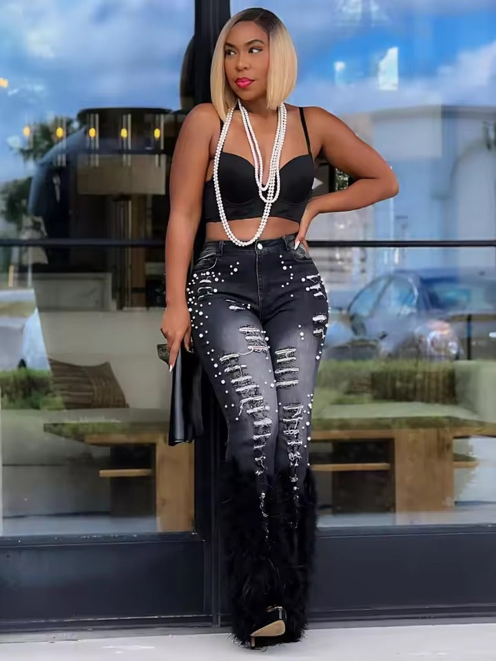 Casual Ripped Out Beading Hollow Out Wide Leg Flare Feather Denim Pants Mssza