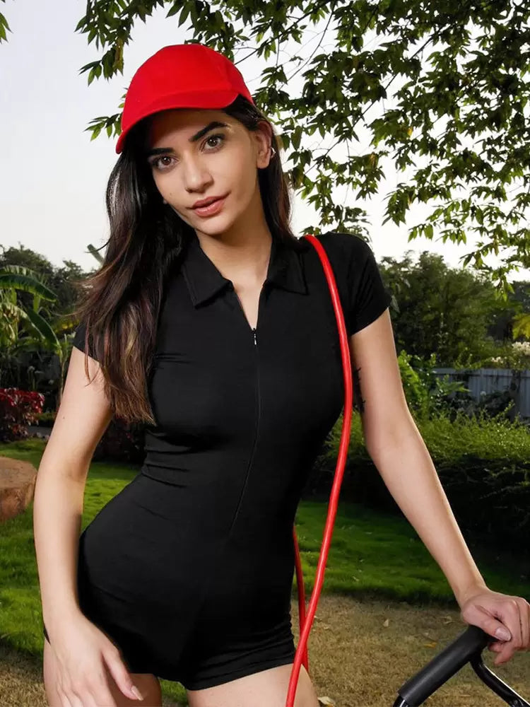 Romper Turndown Collar Short Sleeves Zipper Polyester Skinny Playsuit Mssza