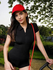 Romper Turndown Collar Short Sleeves Zipper Polyester Skinny Playsuit Mssza