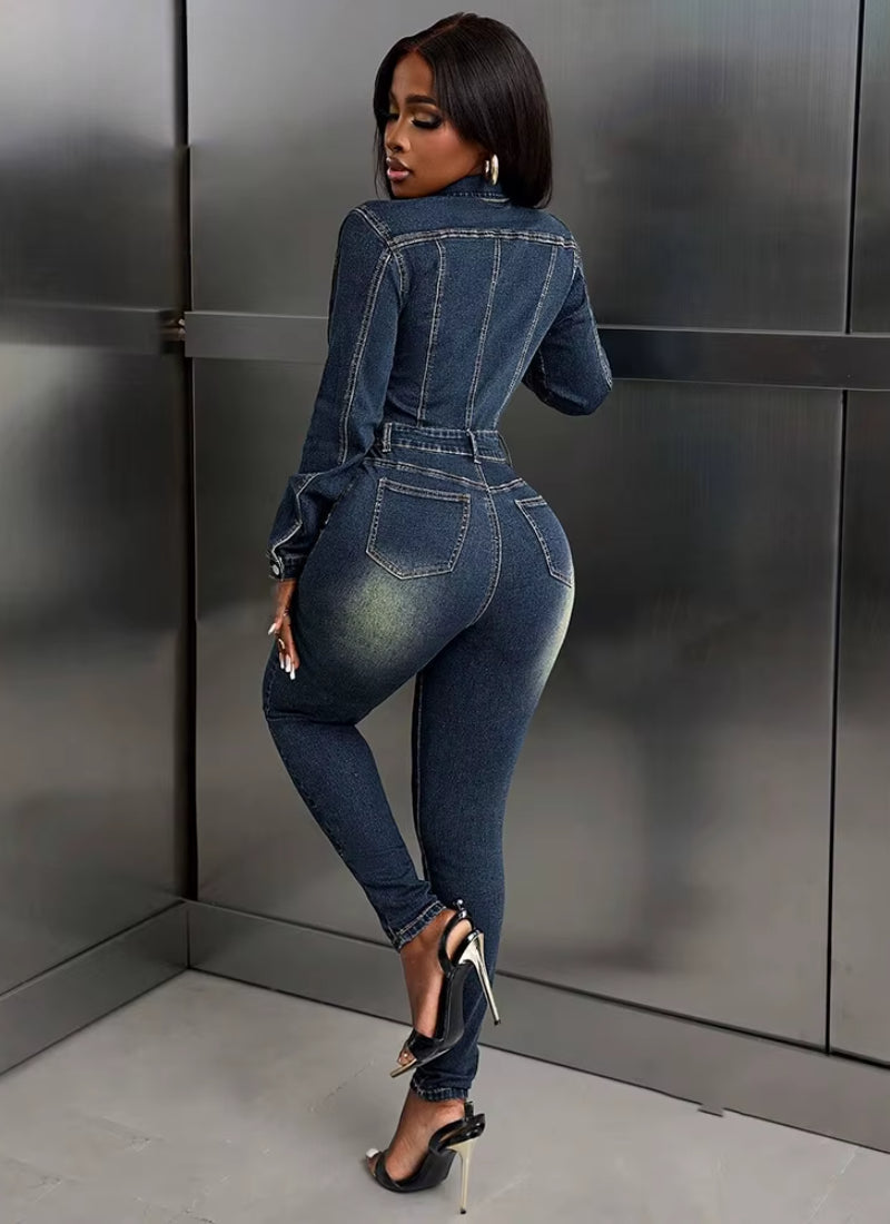 Rompers Turn Down Collar Full Sleeve Slim Overalls Pencil Pants  Denim Jumpsuits Mssza