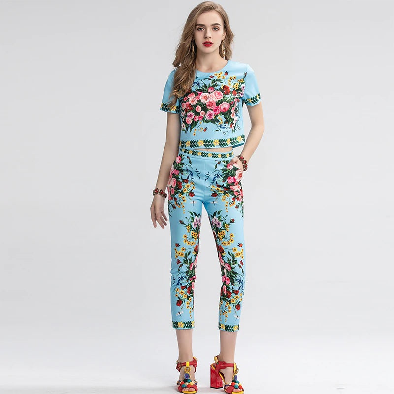 Rose Print Casual Suit Two Pieces Set Mssza