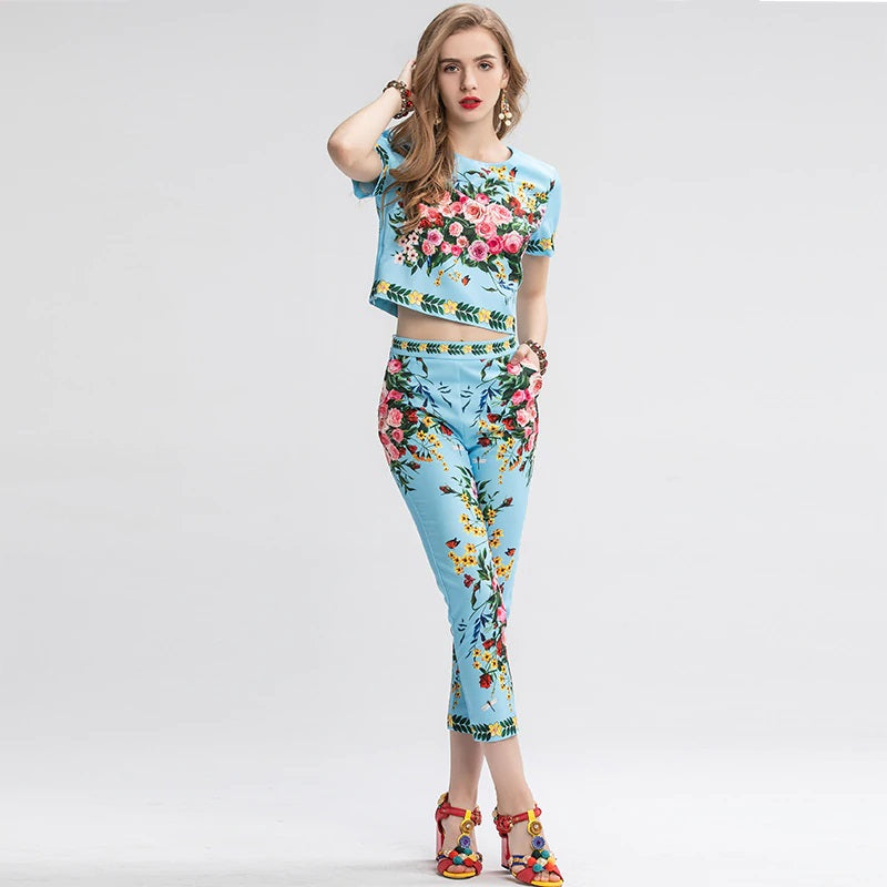 Rose Print Casual Suit Two Pieces Set Mssza
