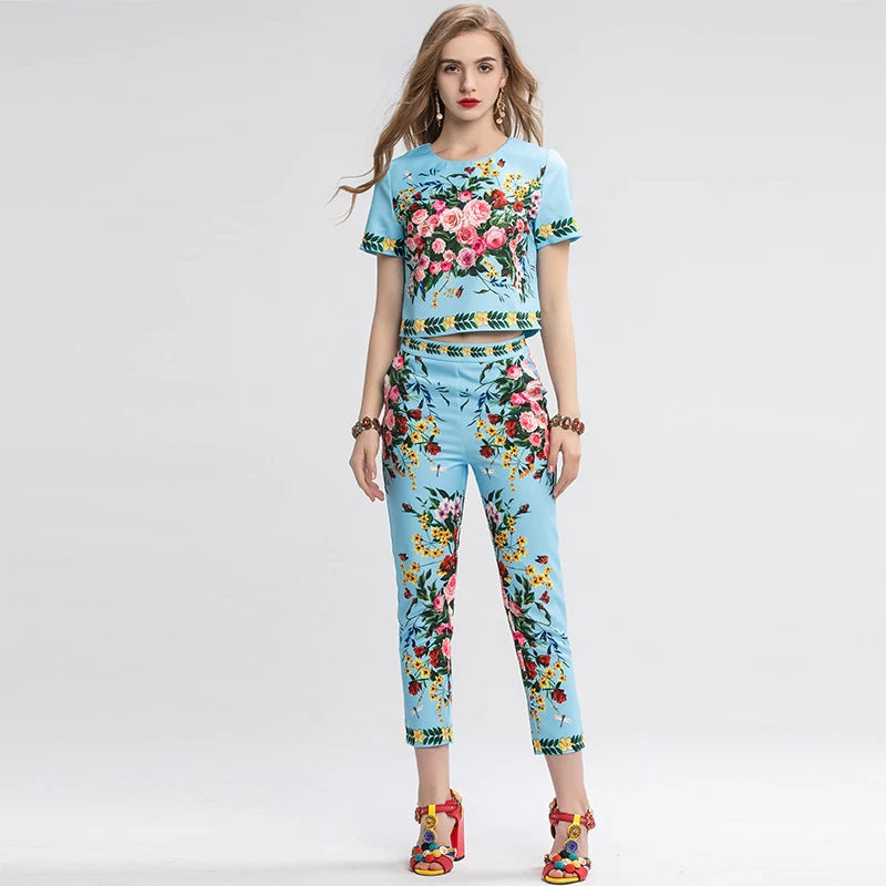 Rose Print Casual Suit Two Pieces Set Mssza