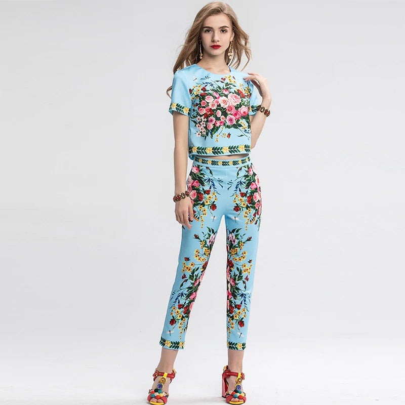 Rose Print Casual Suit Two Pieces Set Mssza