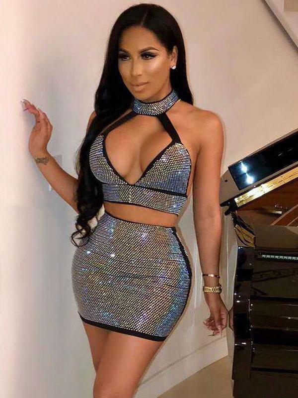 Round Collar Cut Out Sleeveless Open Shoulder Bodycon Mini Two Piece Set Mssza