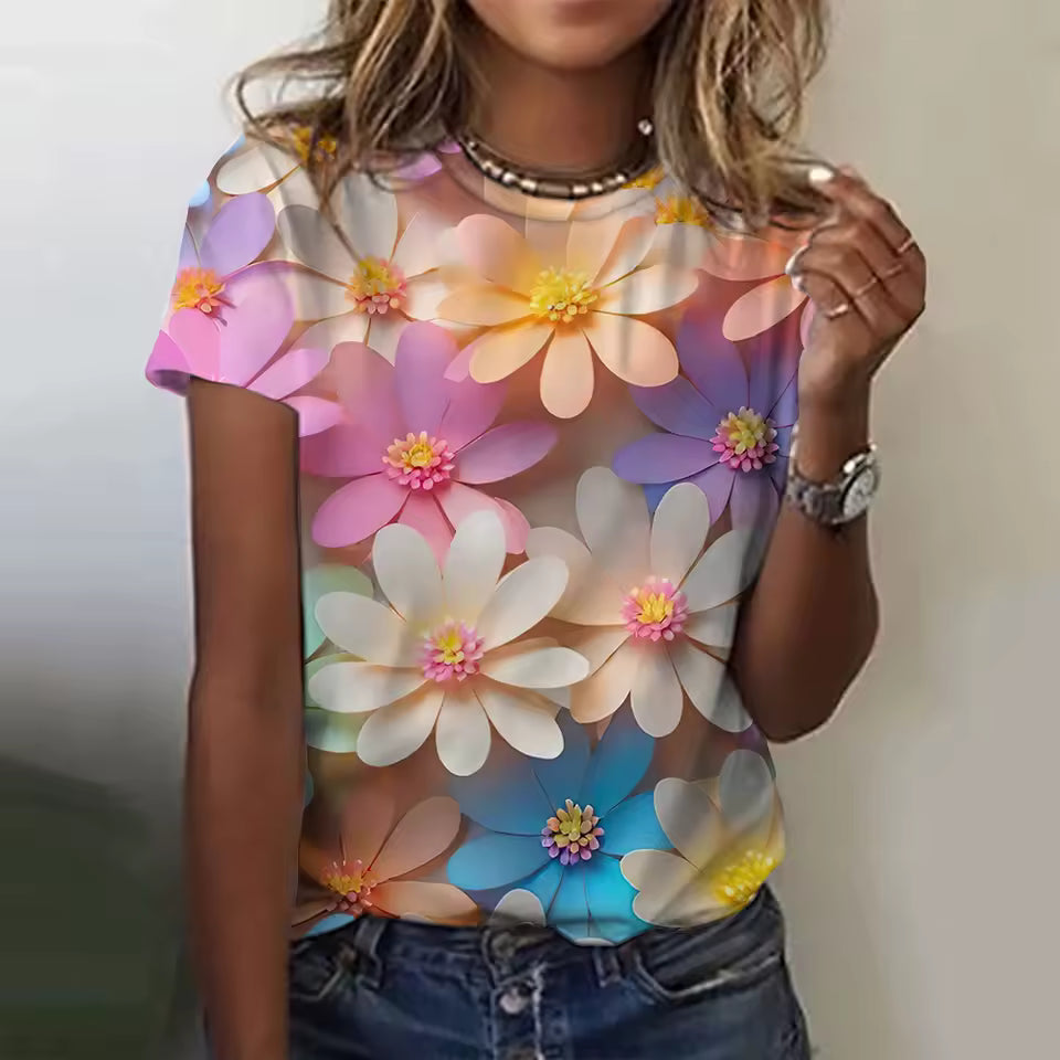 Round Neck 3d Floral Printing Short Sleeve Daily Casual Tees Tops Mssza