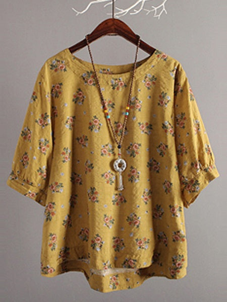 Round Neck Batwing Sleeve Cotton Blouse Mssza