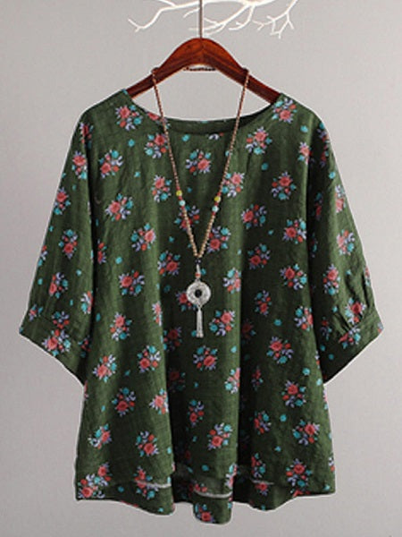 Round Neck Batwing Sleeve Cotton Blouse Mssza