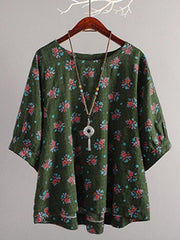 Round Neck Batwing Sleeve Cotton Blouse Mssza