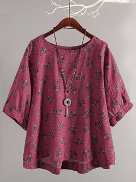 Round Neck Batwing Sleeve Cotton Blouse Mssza