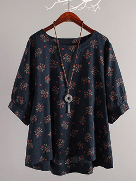 Round Neck Batwing Sleeve Cotton Blouse Mssza