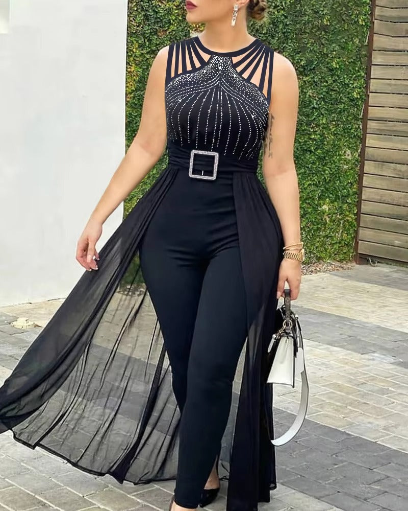 Round Neck Rhinestone Sheer Mesh Sleeveless Rompers Jumpsuit with Belt Mssza