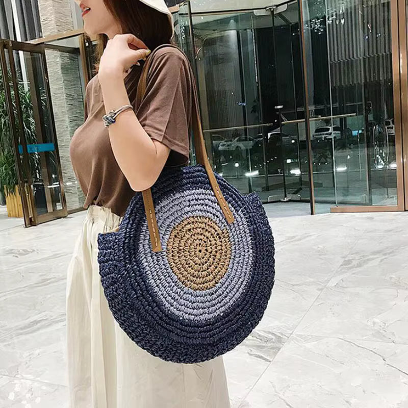 Bohemian Straw Woven Handmade Beach Travel Holiday Tote Round Bags Mssza