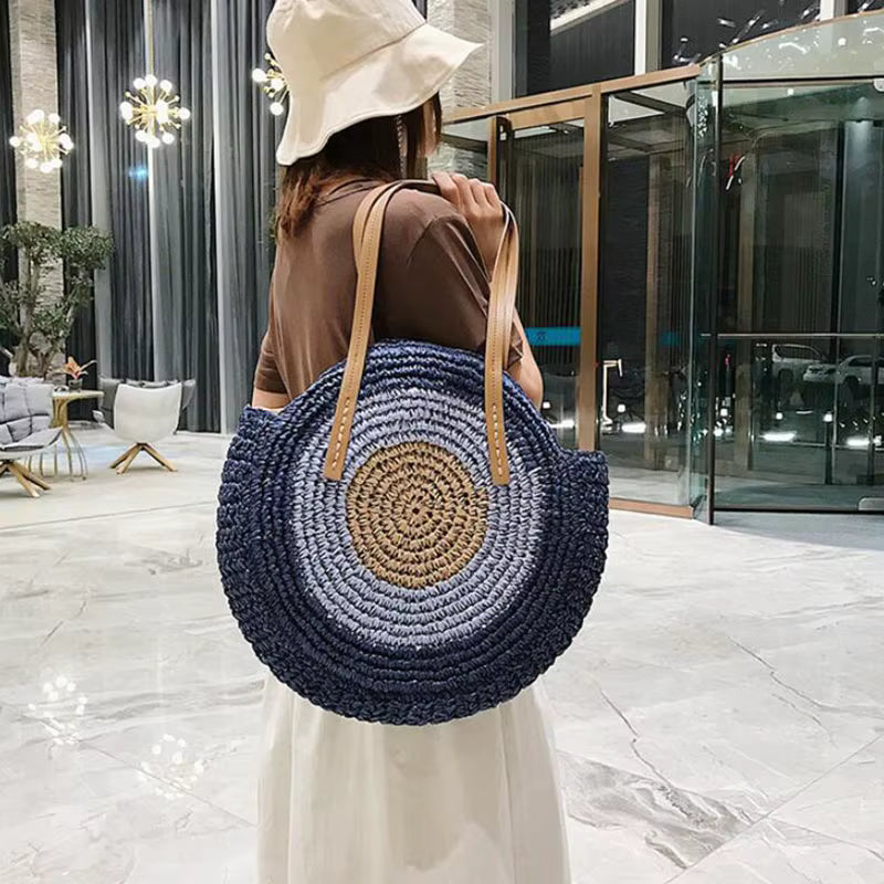 Bohemian Straw Woven Handmade Beach Travel Holiday Tote Round Bags Mssza