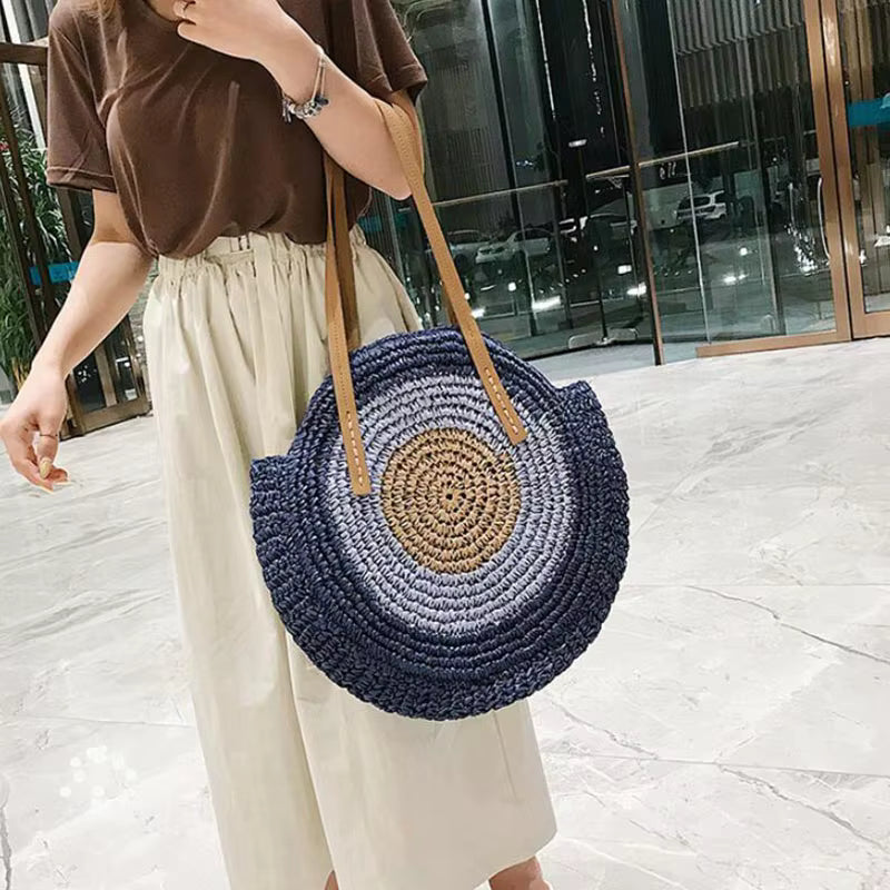 Bohemian Straw Woven Handmade Beach Travel Holiday Tote Round Bags Mssza