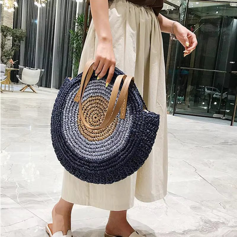 Bohemian Straw Woven Handmade Beach Travel Holiday Tote Round Bags Mssza