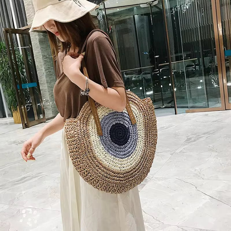 Bohemian Straw Woven Handmade Beach Travel Holiday Tote Round Bags Mssza