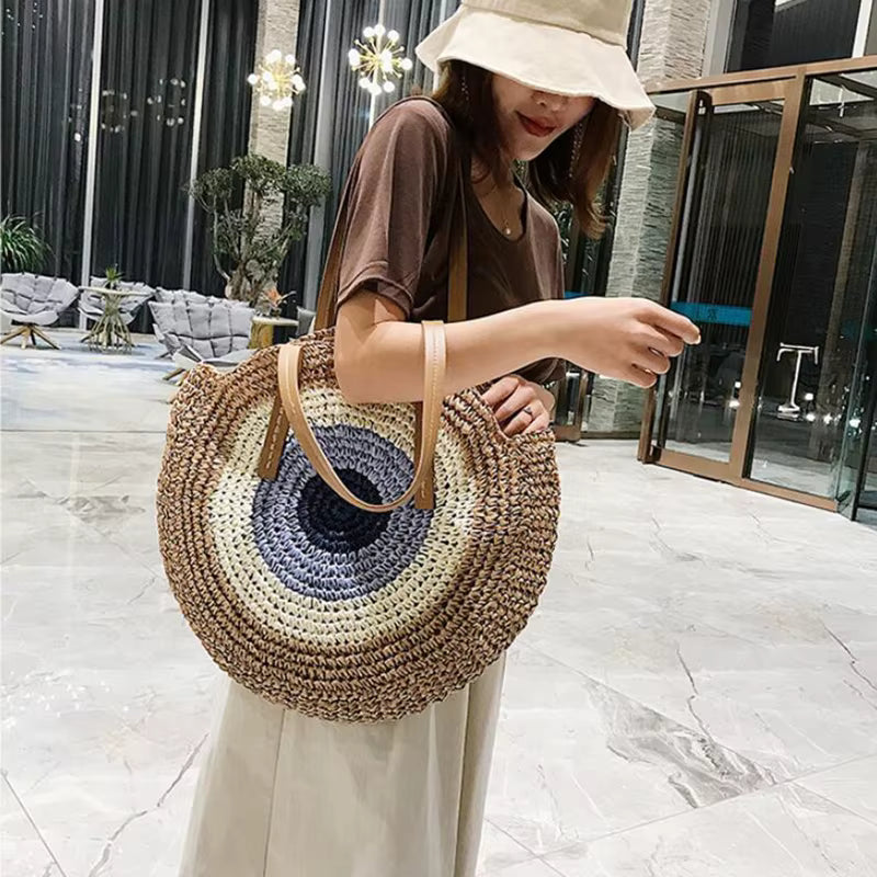Bohemian Straw Woven Handmade Beach Travel Holiday Tote Round Bags Mssza