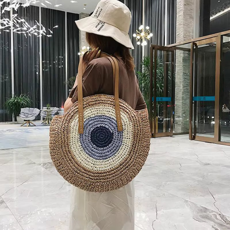 Bohemian Straw Woven Handmade Beach Travel Holiday Tote Round Bags Mssza