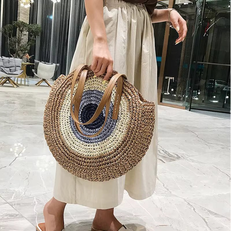 Bohemian Straw Woven Handmade Beach Travel Holiday Tote Round Bags Mssza